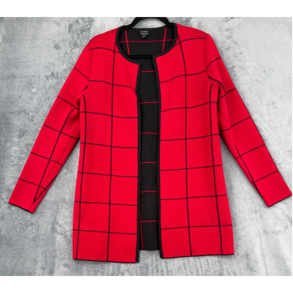 Talbots Sweater Womens Size M Windowpane Merino Wool Open Front Cardigan Holiday